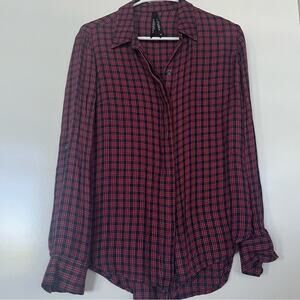 Liverpool Jeans Classic Fit Plaid Button Front Top Small Adjustable Sleeve Tunic